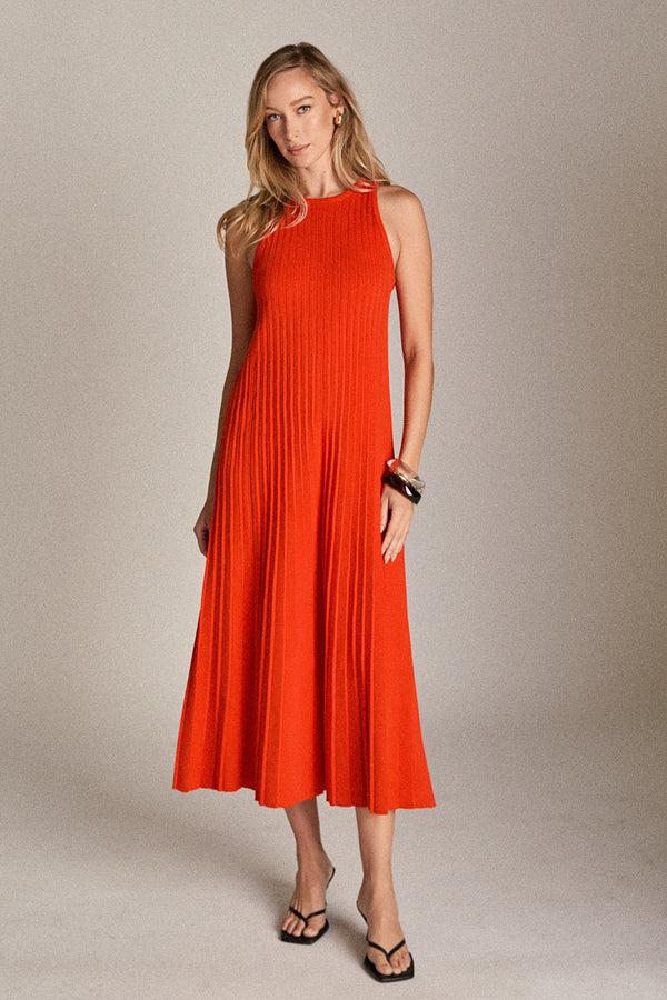 english factory Pleated A-line Knit Midi Dress ORANGE RED