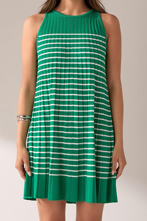 English Factory Pleated A-line Knit Stripe Mini Dress GREEN/WHITE