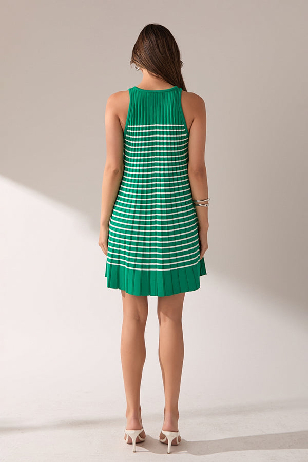 English Factory Pleated A-line Knit Stripe Mini Dress GREEN/WHITE