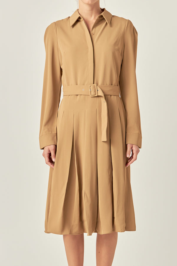English Factory Pleated Collared Long Sleeve Midi Dress CAMEL