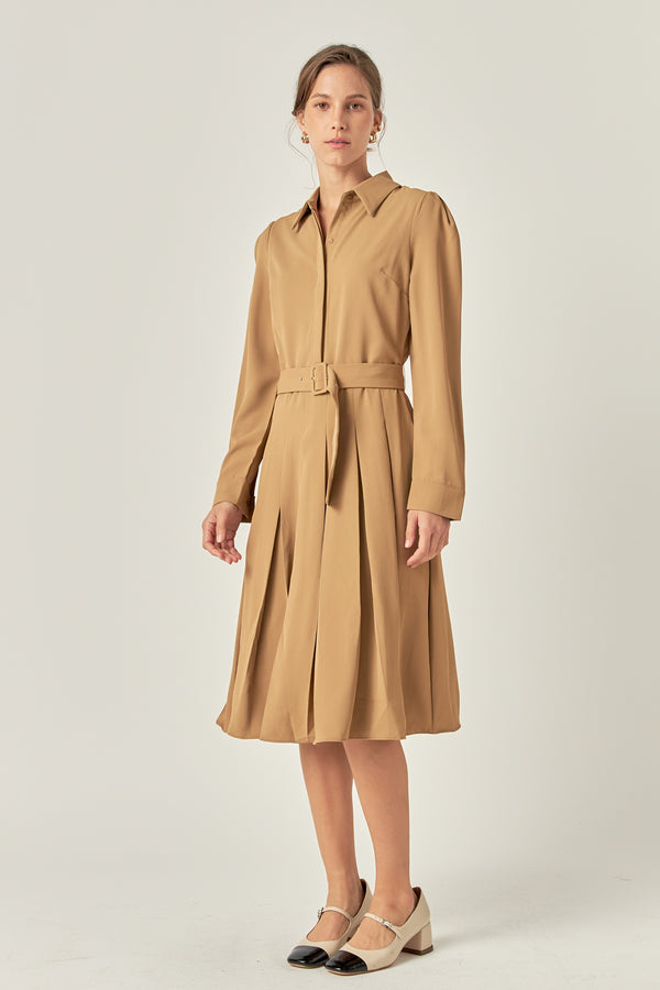 English Factory Pleated Collared Long Sleeve Midi Dress CAMEL