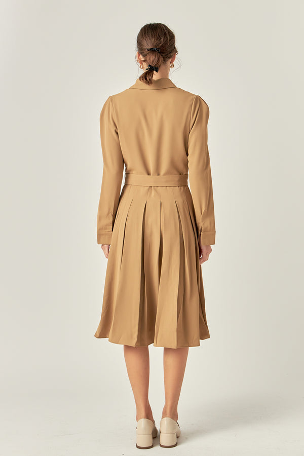 English Factory Pleated Collared Long Sleeve Midi Dress CAMEL