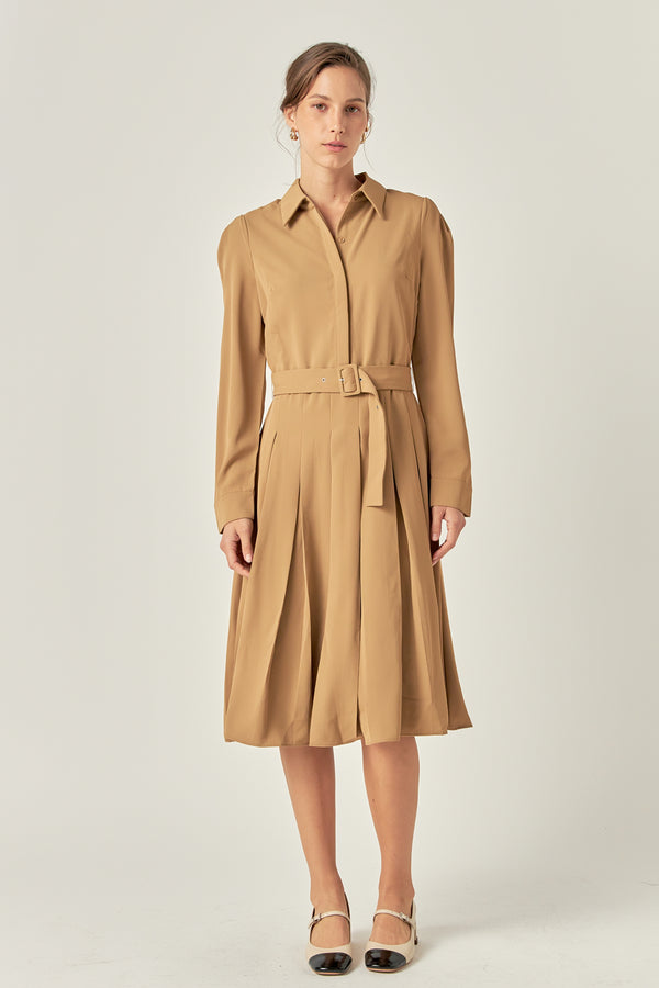english factory Pleated Collared Long Sleeve Midi Dress CAMEL