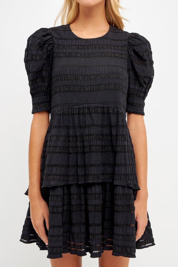 English Factory Pleated Fabric High-Low Dress BLACK