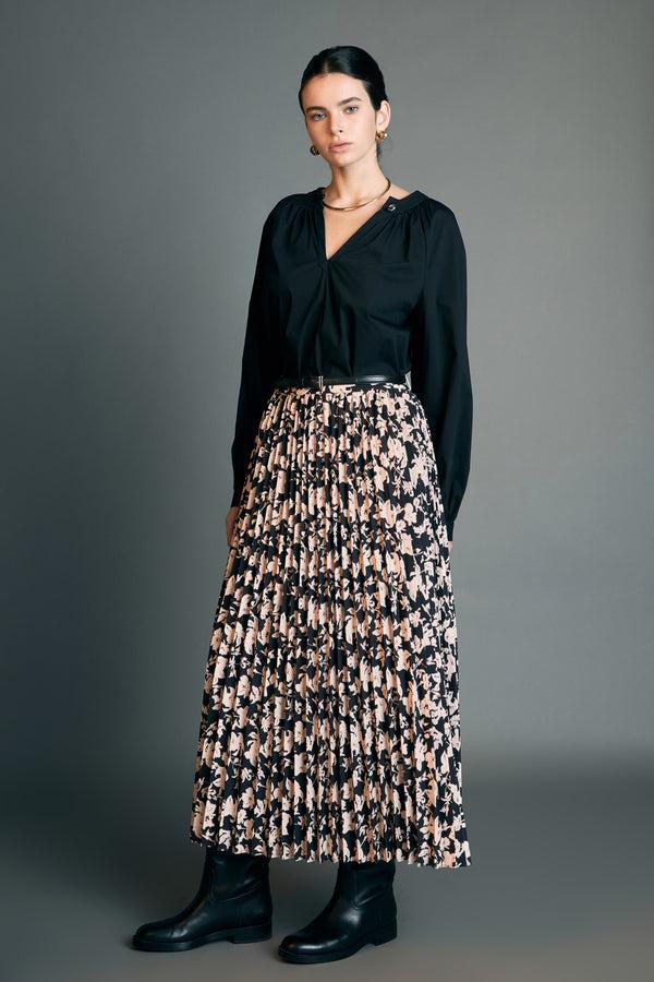English Factory Pleated Print Midi Skirt BLACK MULTI