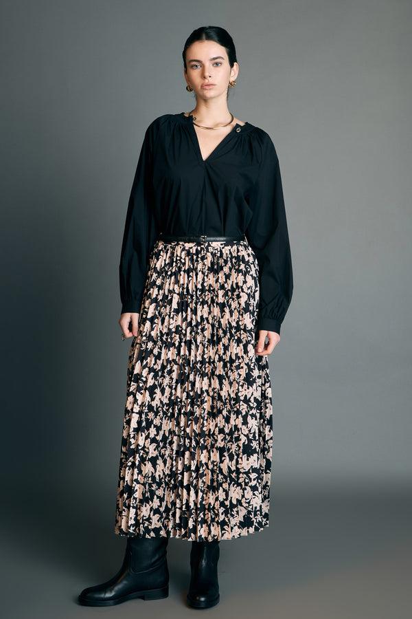 english factory Pleated Print Midi Skirt BLACK MULTI