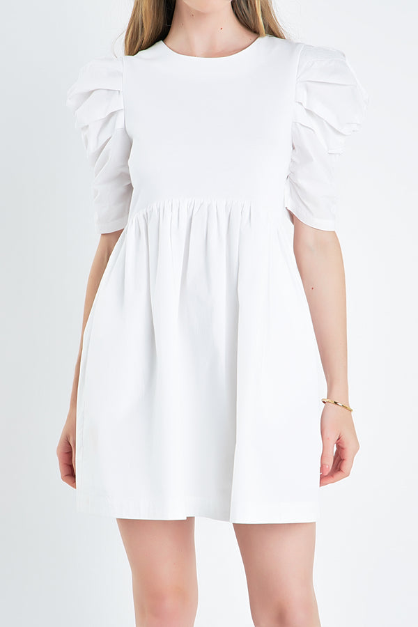 English Factory Pleated Puff Sleeve Mini Dress WHITE