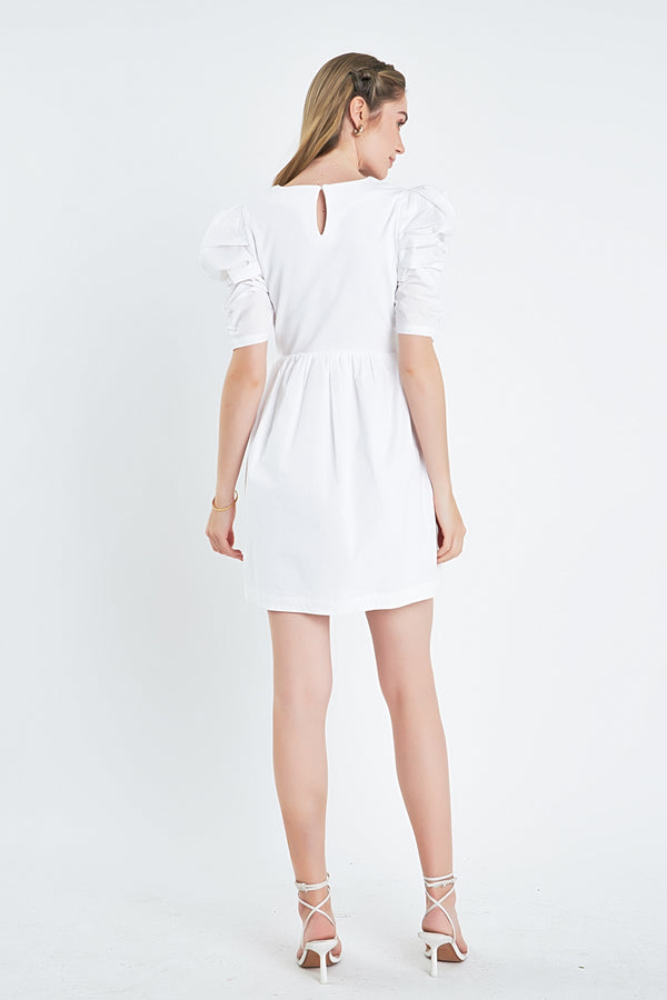 English Factory Pleated Puff Sleeve Mini Dress WHITE