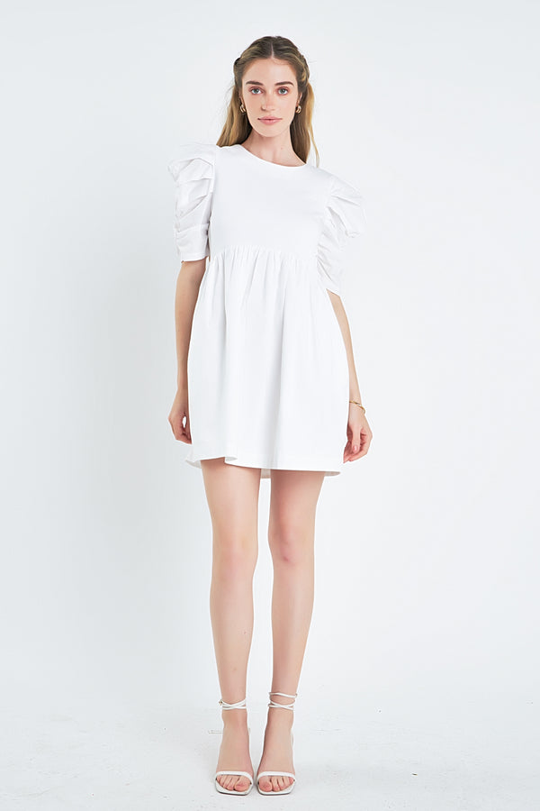 english factory Pleated Puff Sleeve Mini Dress WHITE