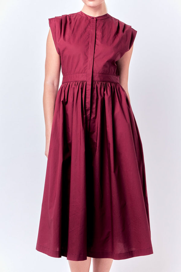 English Factory Pleated Shoulder Midi Dress BURGUNDY