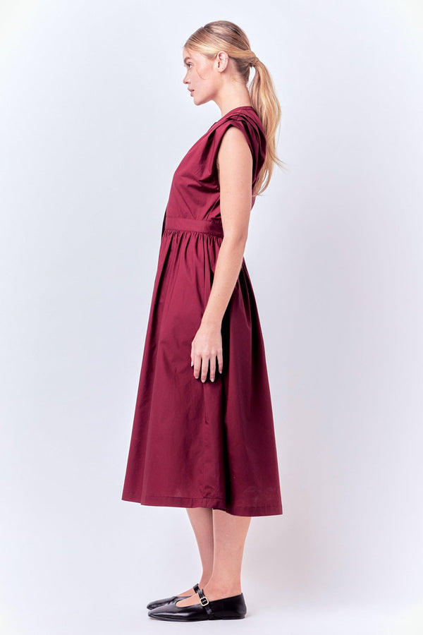 English Factory Pleated Shoulder Midi Dress BURGUNDY