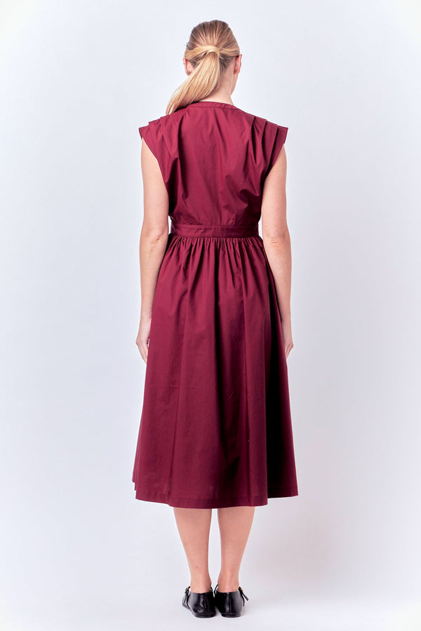 English Factory Pleated Shoulder Midi Dress BURGUNDY