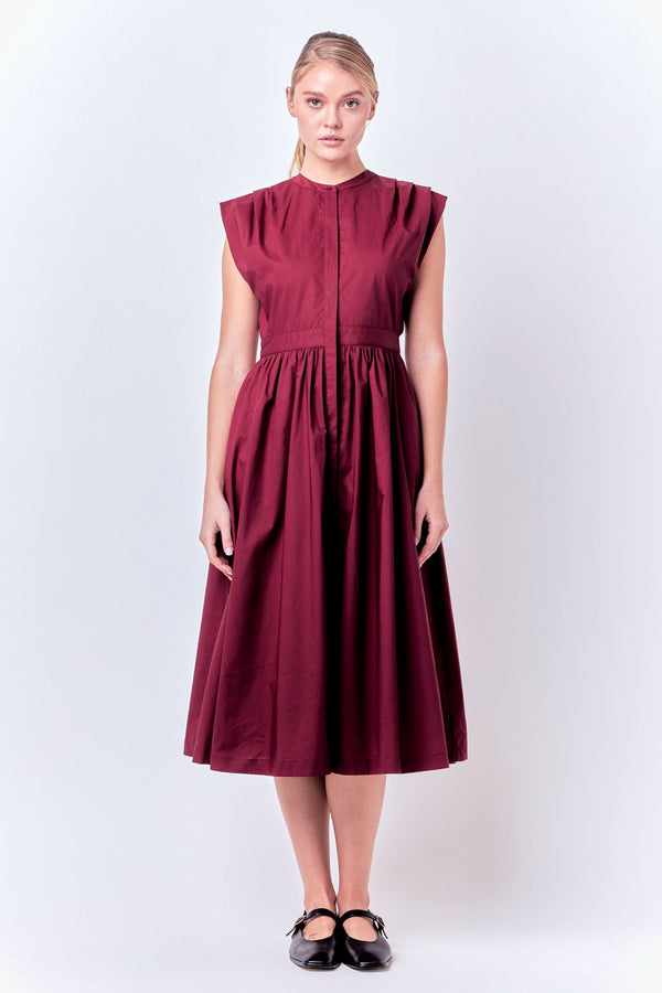 english factory Pleated Shoulder Midi Dress BURGUNDY