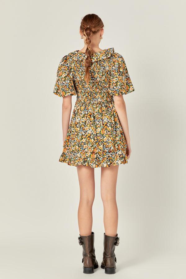 English Factory Plunge V Smocked Cotton Floral Mini Dress BLACK