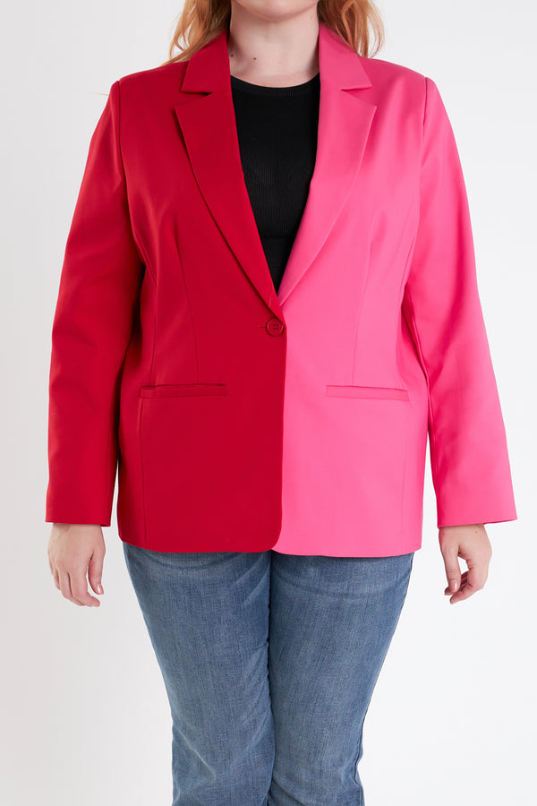 English Factory Plus Size Color Block Blazer RED FUCHSIA