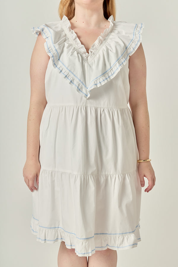 English Factory Plus Size Contrast Embroidery Ruffled Mini Dress WHITE