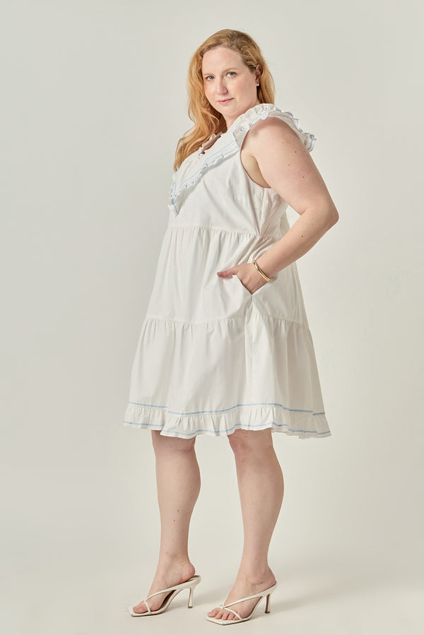 English Factory Plus Size Contrast Embroidery Ruffled Mini Dress WHITE