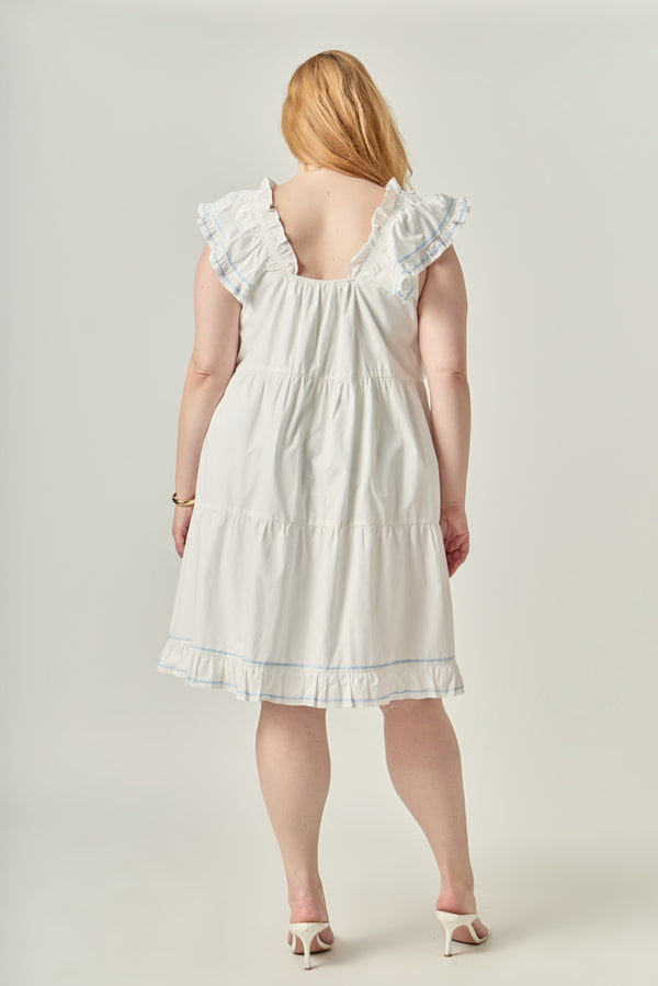 English Factory Plus Size Contrast Embroidery Ruffled Mini Dress WHITE