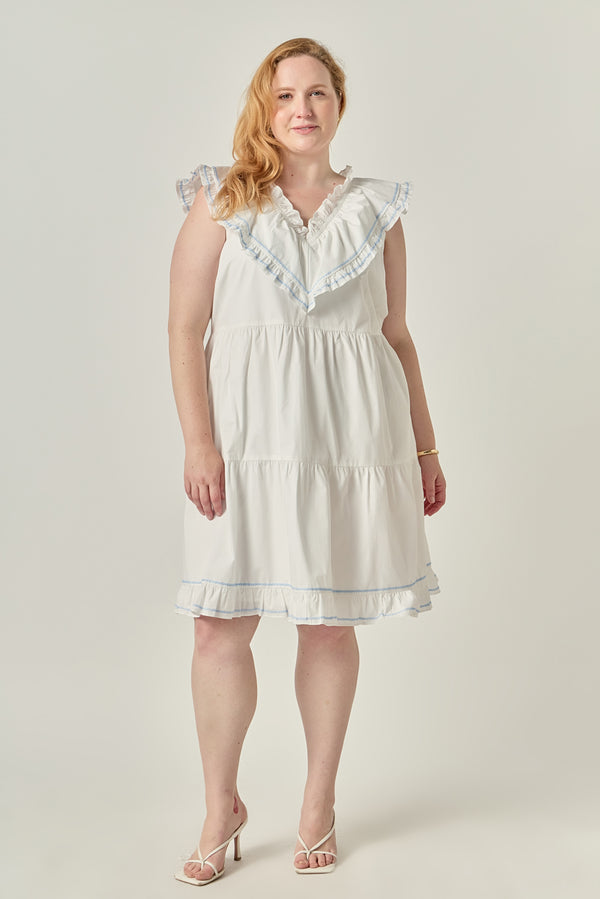 english factory Plus Size Contrast Embroidery Ruffled Mini Dress WHITE