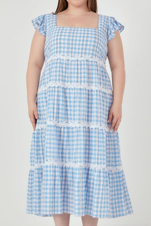 English Factory Plus Size Floral Lace Gingham Printed Midi Dress BLUE/WHITE