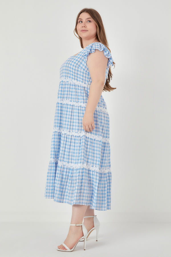 English Factory Plus Size Floral Lace Gingham Printed Midi Dress BLUE/WHITE