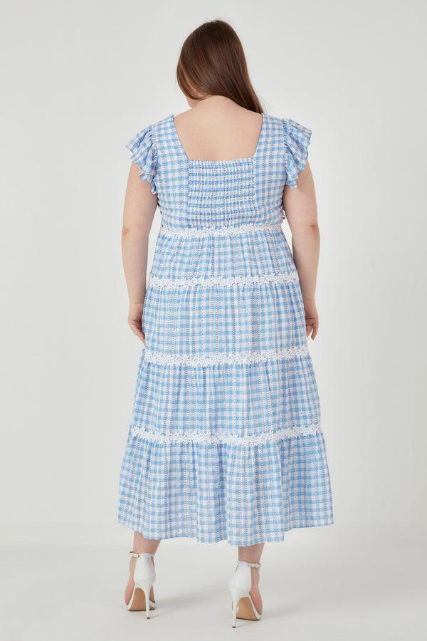 English Factory Plus Size Floral Lace Gingham Printed Midi Dress BLUE/WHITE