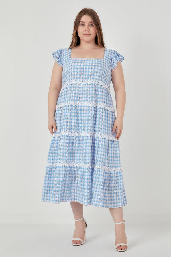 english factory Plus Size Floral Lace Gingham Printed Midi Dress BLUE/WHITE