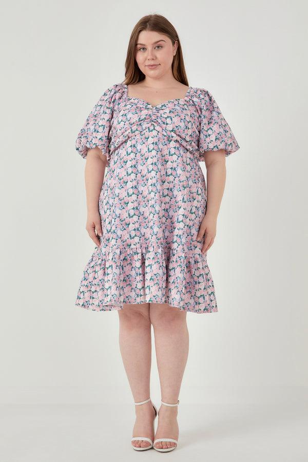 english factory Plus Size Floral Puff Sleeve Mini Dress LILAC PINK