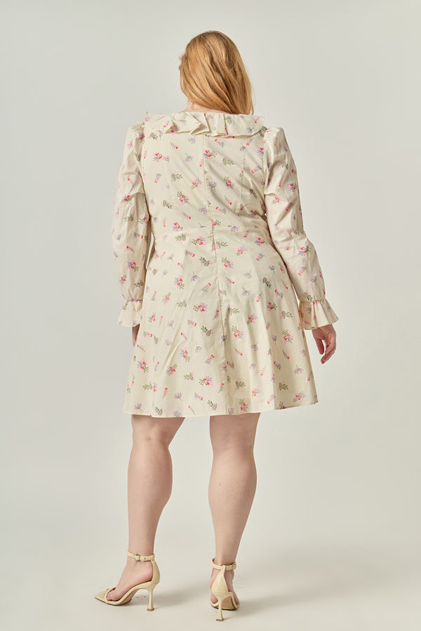 English Factory Plus Size Floral Ruffled Neck Mini Dress IVORY