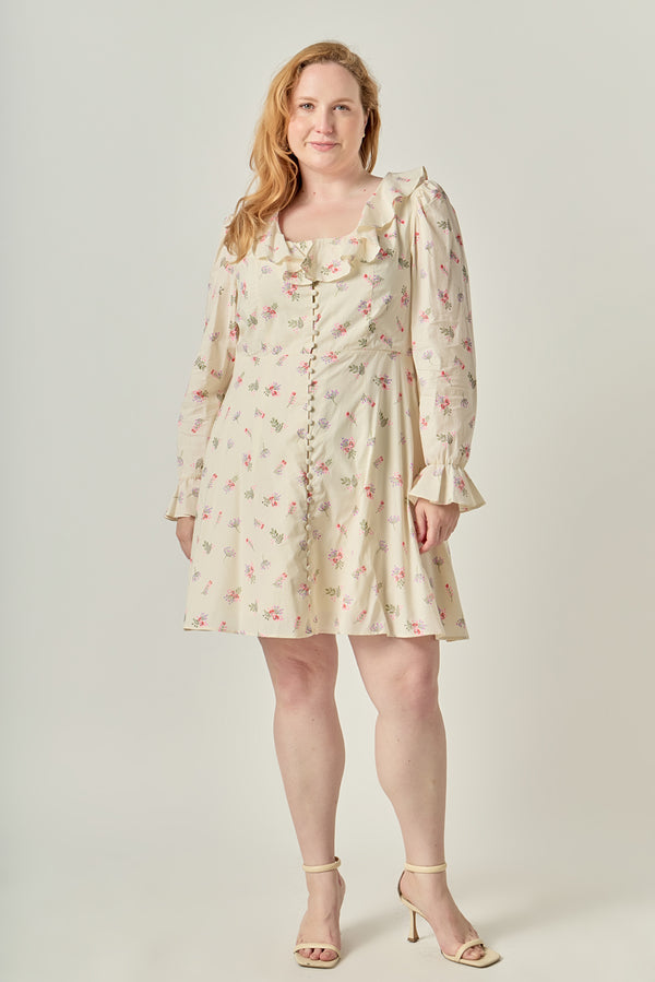 english factory Plus Size Floral Ruffled Neck Mini Dress IVORY