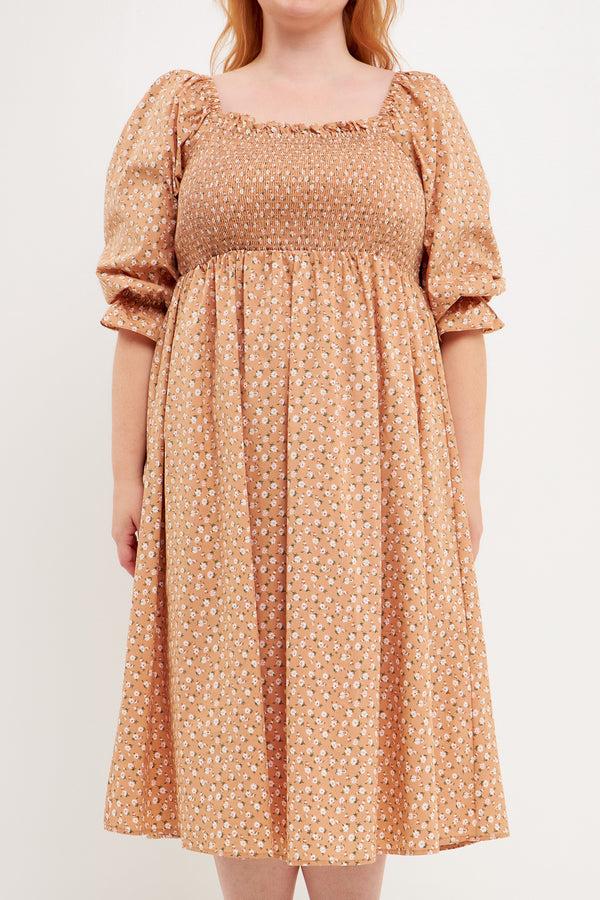 English Factory Plus Size Floral Smocked Midi Dress TAN MULTI