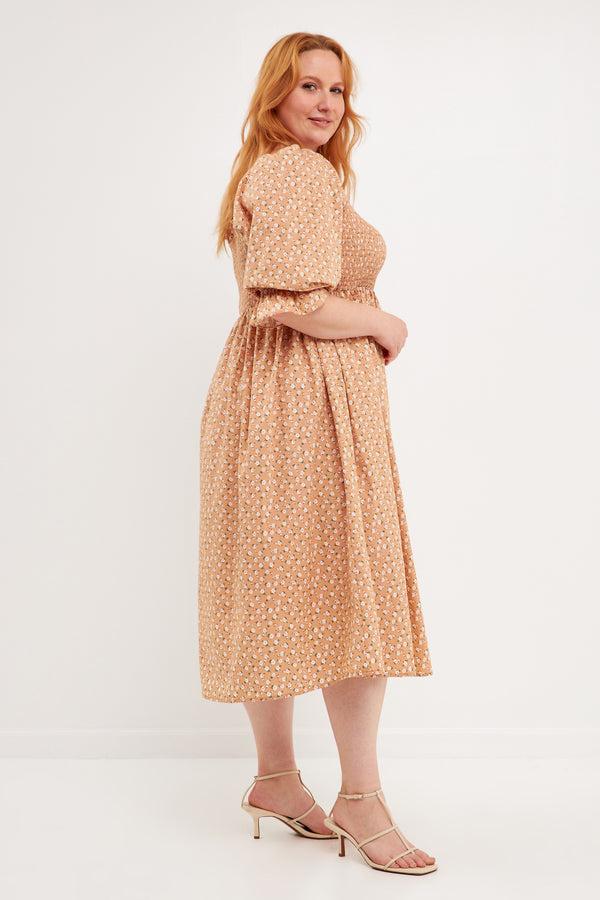English Factory Plus Size Floral Smocked Midi Dress TAN MULTI
