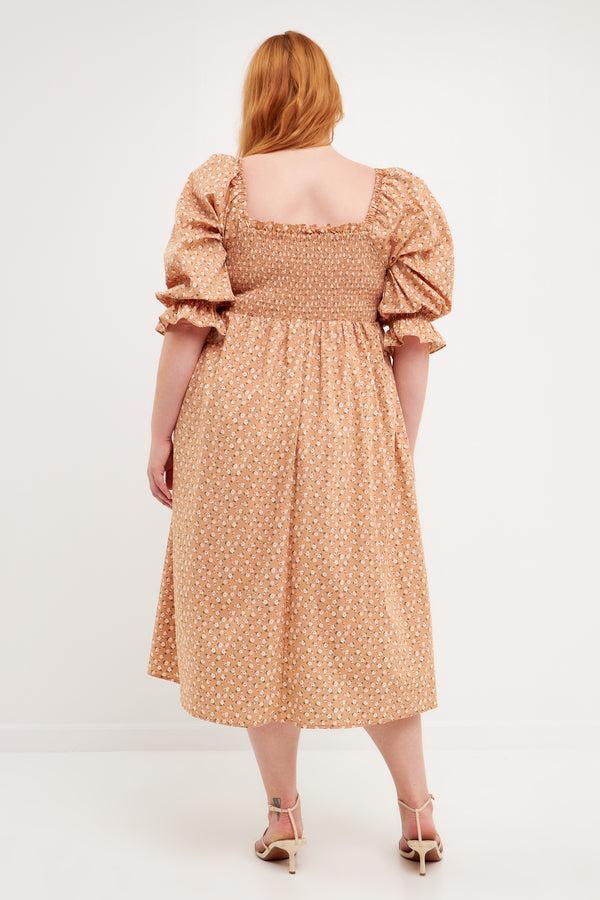 English Factory Plus Size Floral Smocked Midi Dress TAN MULTI