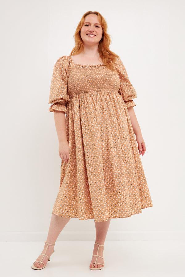 english factory Plus Size Floral Smocked Midi Dress TAN MULTI