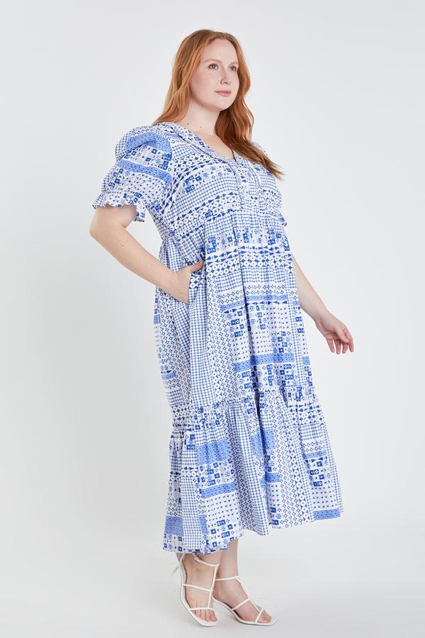English Factory Plus Size Geometric Print Tiered Midi Dress BLUE