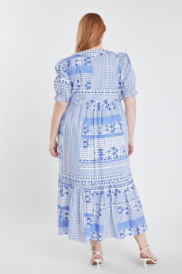 English Factory Plus Size Geometric Print Tiered Midi Dress BLUE