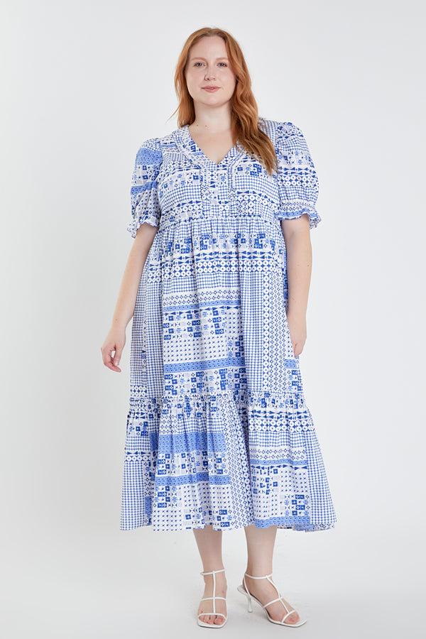 english factory Plus Size Geometric Print Tiered Midi Dress BLUE