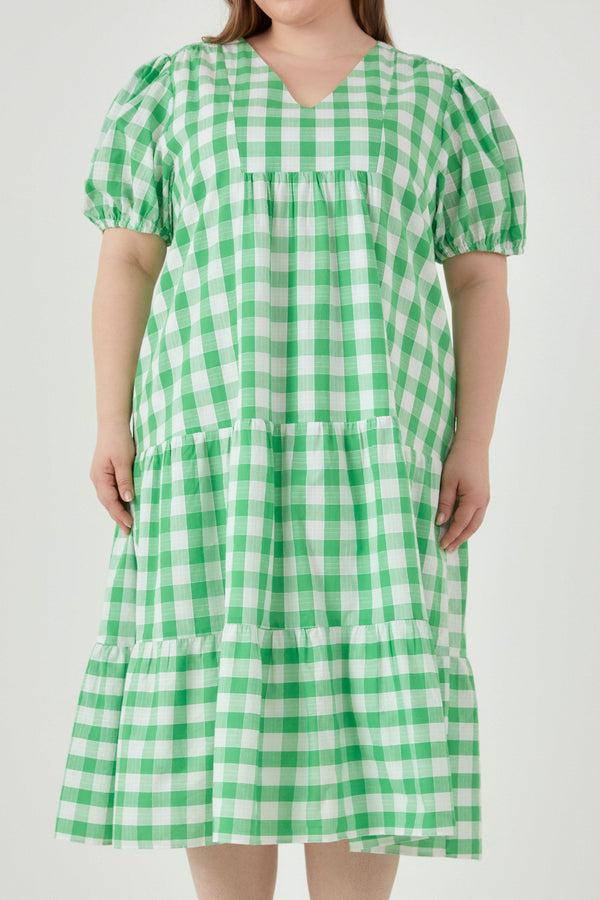 English Factory Plus Size Gingham Check Midi Dress GREEN/WHITE