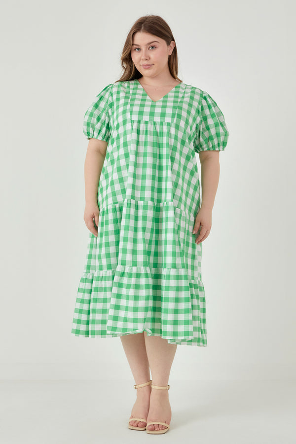 english factory Plus Size Gingham Check Midi Dress GREEN/WHITE