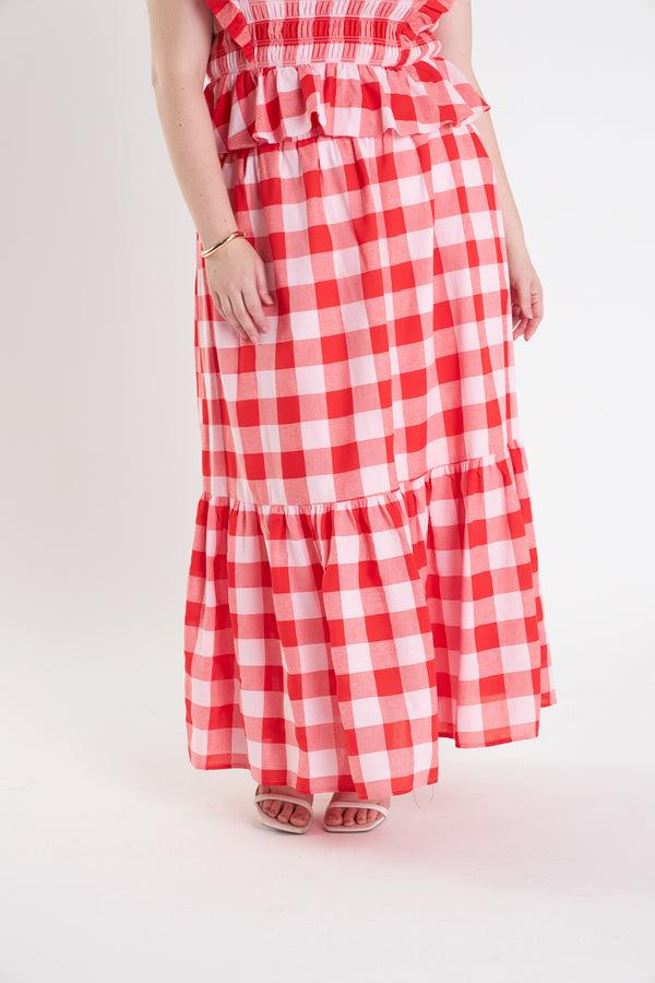 English Factory Plus Size Gingham Midi Skirt PINK/RED