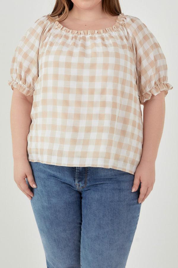English Factory Plus Size Gingham Top With Short Puff Sleeves KHAKI