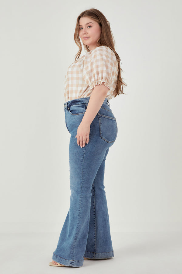 English Factory Plus Size Gingham Top With Short Puff Sleeves KHAKI