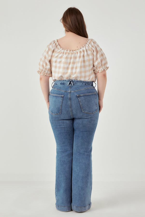 English Factory Plus Size Gingham Top With Short Puff Sleeves KHAKI