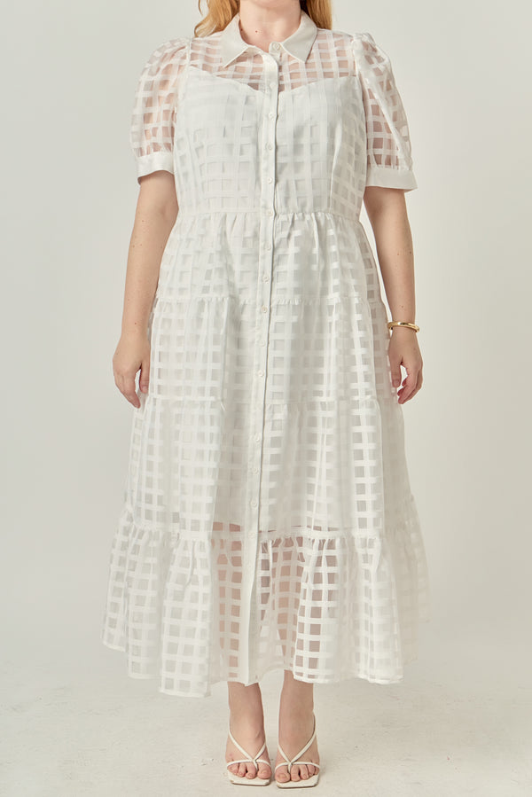 English Factory Plus Size Gridded Organza Tiered Maxi Dress WHITE