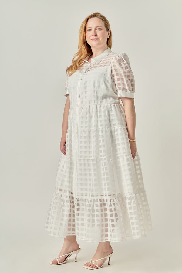 English Factory Plus Size Gridded Organza Tiered Maxi Dress WHITE