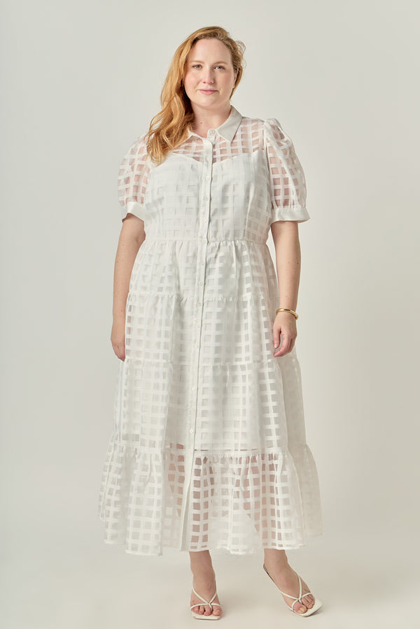 english factory Plus Size Gridded Organza Tiered Maxi Dress WHITE