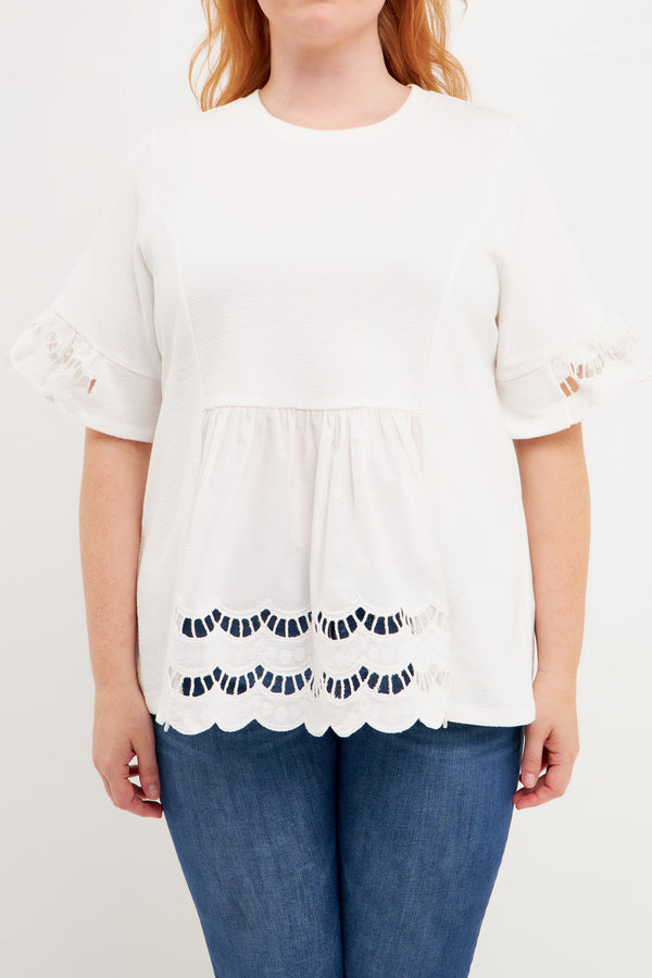 English Factory Plus Size Knit Eyelet Mixed T-Shirts WHITE