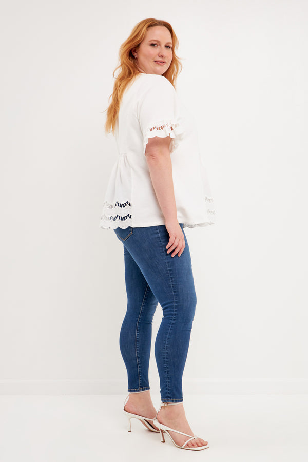 English Factory Plus Size Knit Eyelet Mixed T-Shirts WHITE