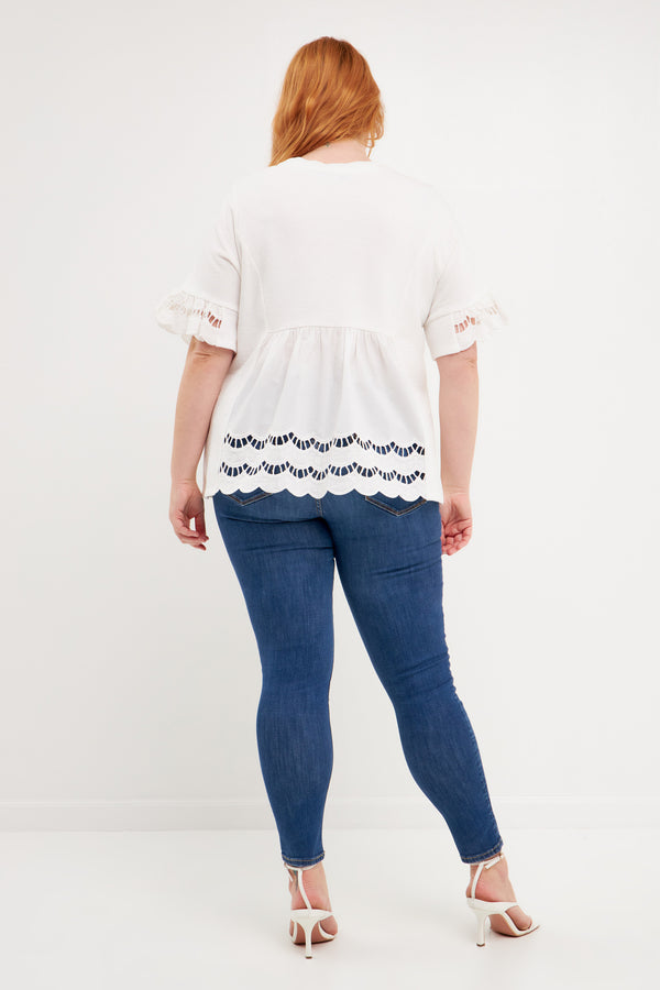 English Factory Plus Size Knit Eyelet Mixed T-Shirts WHITE