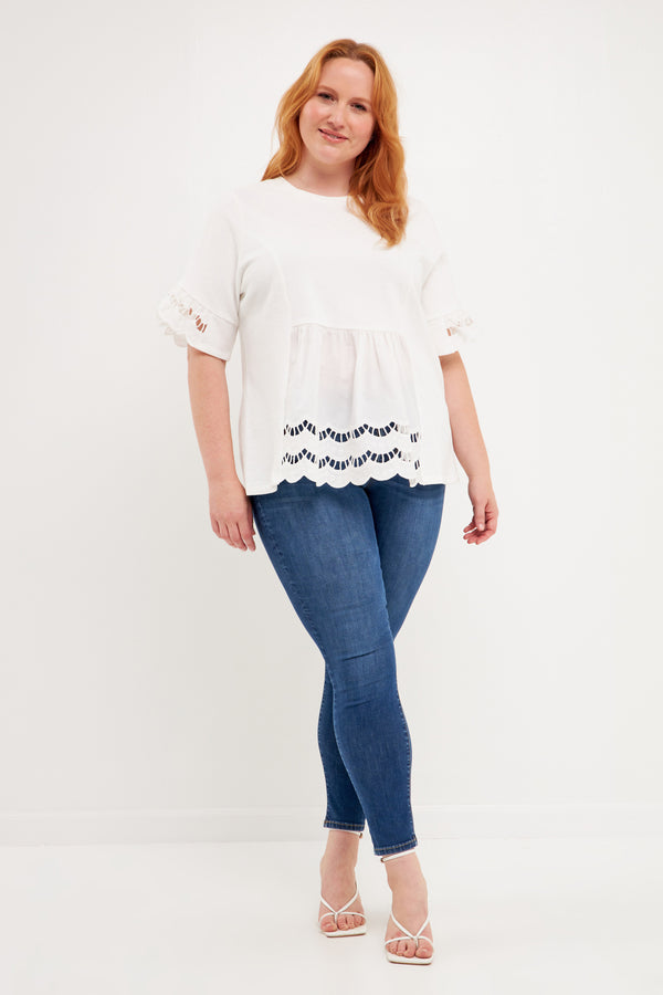 english factory Plus Size Knit Eyelet Mixed T-Shirts WHITE